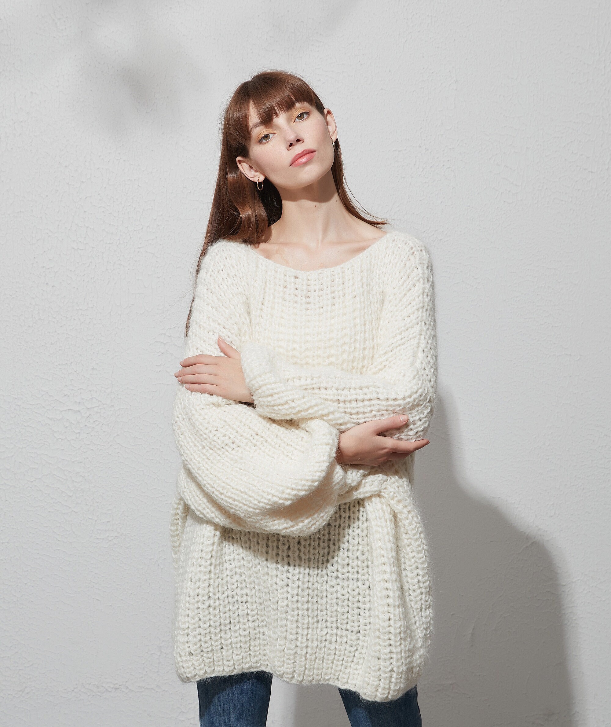 Hand knit woman sweater OVERSIZED mohair sweater top boatneck pullover White Cream dress sweater