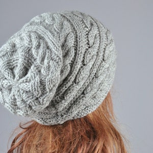 Hand knit hat Grey hat, slouchy hat, cable pattern hat image 2