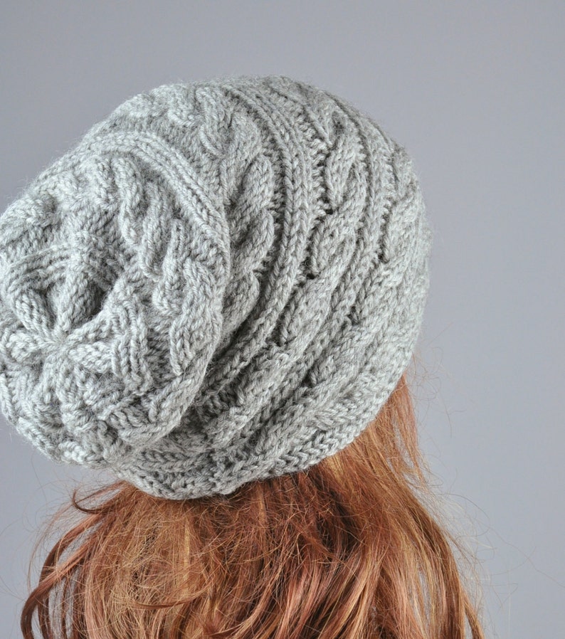 Hand Knit Hat Grey Hat Slouchy Hat Cable Pattern Hat Etsy