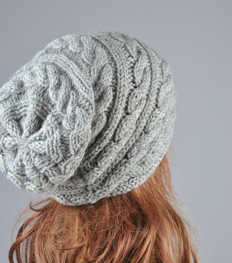 Hand knit hat Grey hat, slouchy hat, cable pattern hat image 2