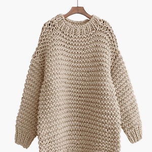 Hand knit COTTON oversized woman sweater Crew neck slouchy wheat pullover sweater