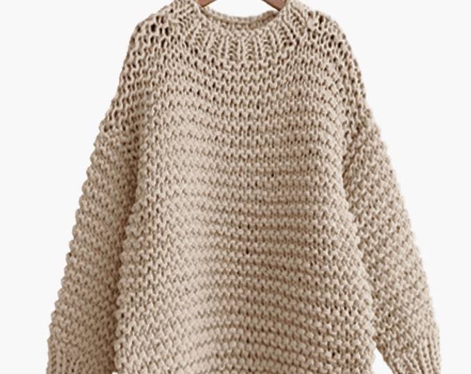 Hand knit COTTON oversized woman sweater Crew neck slouchy wheat pullover sweater