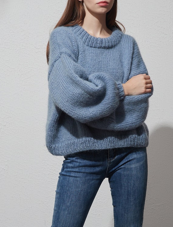 Light blue puff sleeve sweater sale
