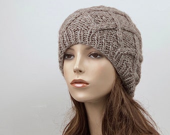 Hand Knit Merino Wool Beret: Wheat Diamond Pattern Beanie