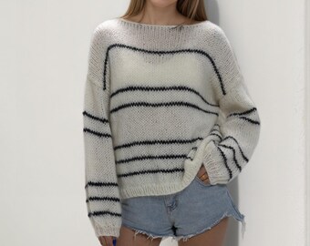 Hand Knit Mohair pullover stripe sweater - black white stripe