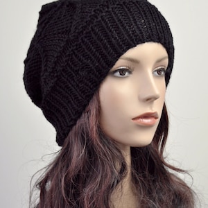 Hand knit woman hat wool Hat Black hat Beanie image 1