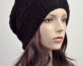 Hand knit woman hat wool Hat Black hat Beanie