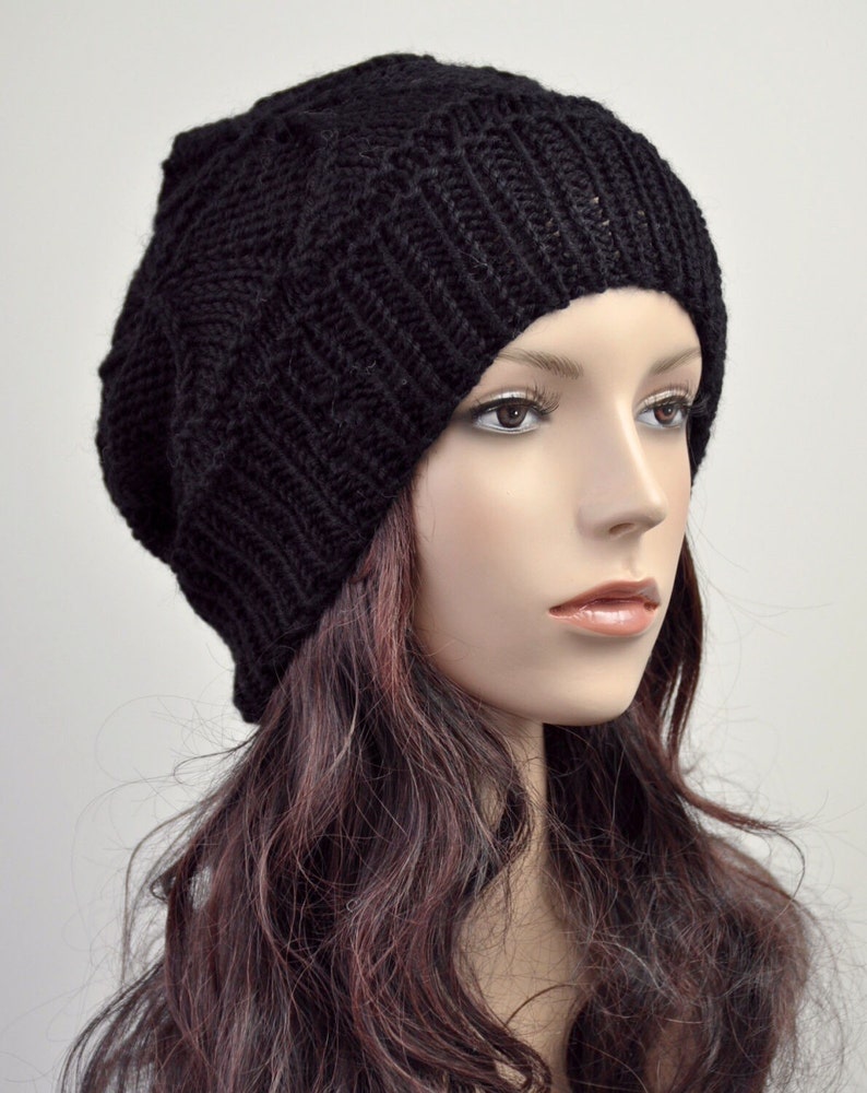 Hand knit woman hat wool Hat Black hat Beanie image 1