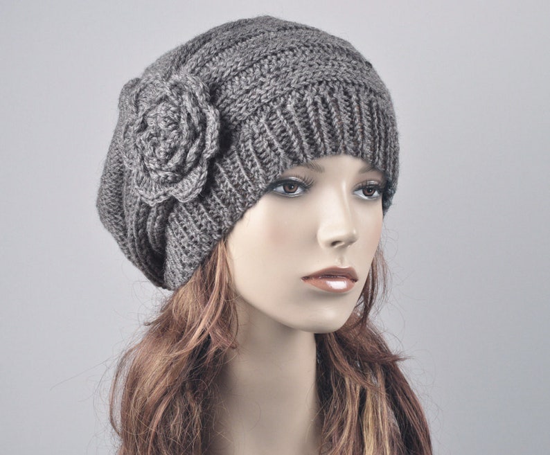 Hand Knit woman winter wool Hat Oversized Beret Hat with crochet flower Charcoal/ dark grey Gray