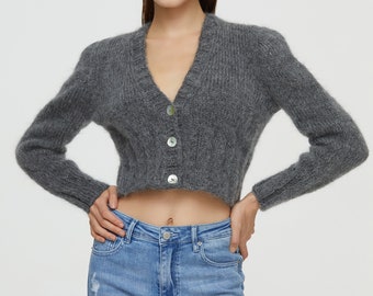 Hand knit woman sweater Mohair knit short cropped top button front cardigan charcoal