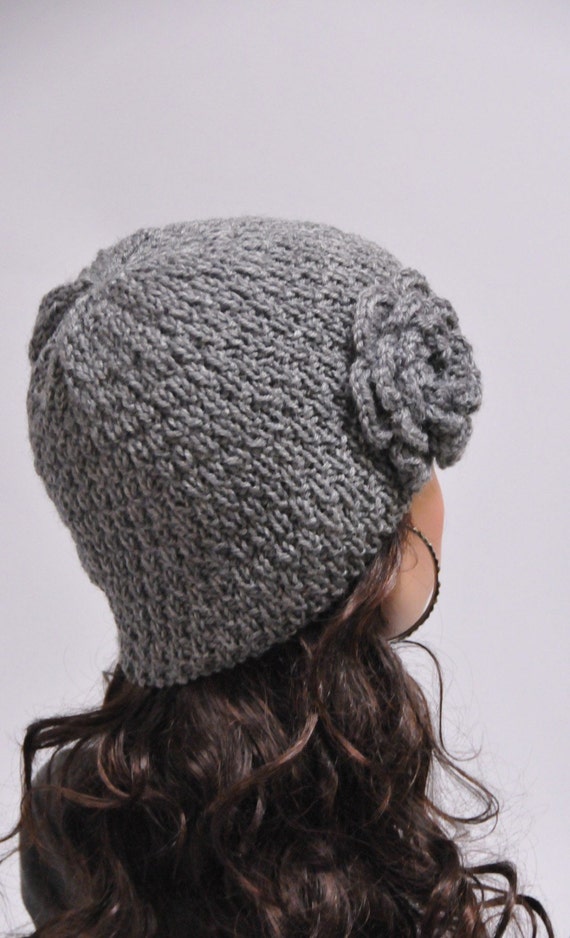 Hand Knit Hat - Charcoal Beanie Hat With Crochet Flower - Etsy