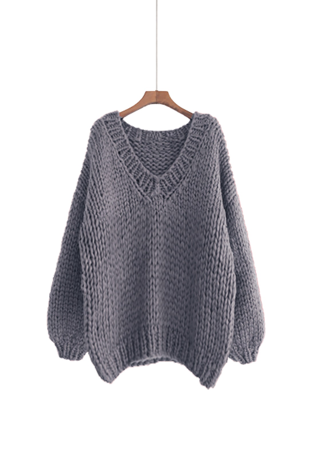 Hand Knit WOOL Oversize Woman Pullover Sweater V-neck Slouchy Dark