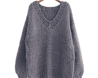 Hand knit WOOL oversize woman pullover sweater V-neck slouchy dark grey sweater