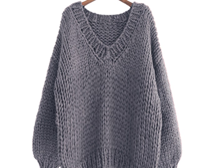 Hand knit WOOL oversize woman pullover sweater V-neck slouchy dark grey sweater