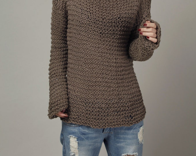 Hand knit woman sweater Eco cotton sweater oversized pullover mocha