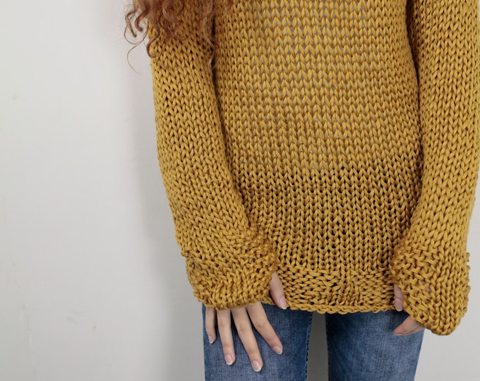 Hand knit woman cotton sweater long pullover sweater mustard