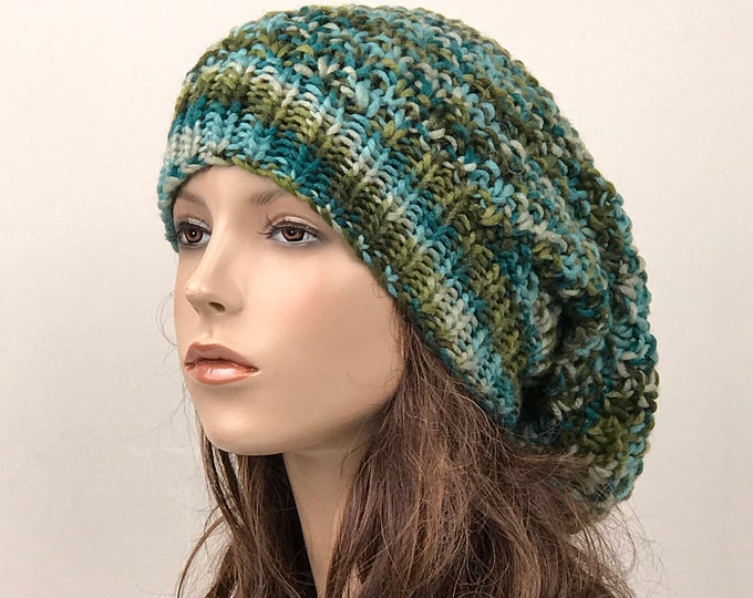 Hand knit woman hat - Oversized Wool Hat, slouchy hat,  green blue blend hat, winter hat