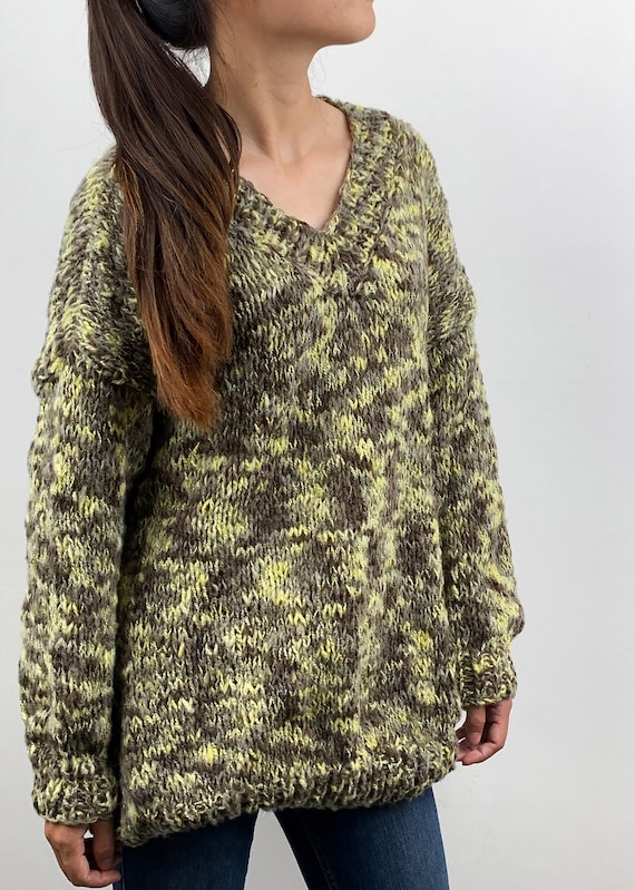 Pull en tricot chaud pour femme - Mode avec col en V - Manches longues - Couleur unie - Haut