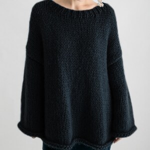 Hand knit woman sweater OVERSIZED mohair sweater top pullover Foggy Blue sweater Black