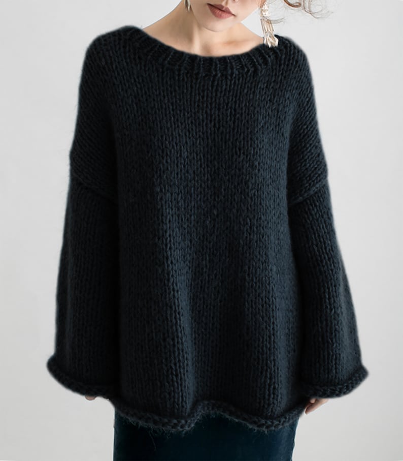 Hand knit woman sweater OVERSIZED mohair sweater top pullover Foggy Blue sweater Black