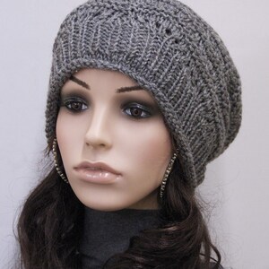 Hand Knit hat woman hat winter hat Charcoal Wool Hat dark grey hat image 3