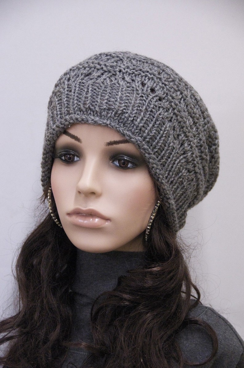 Hand Knit hat woman hat winter hat Charcoal Wool Hat dark grey hat image 3