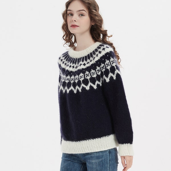 Hand knit woman sweater mohair pullover NORDIC sweater Fair Isle sweater