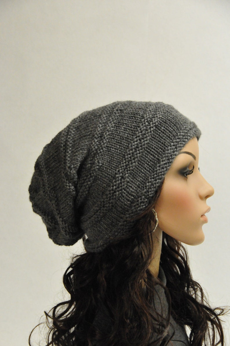 Hand Knit hat woman hat man hat Black Wool Hat Slouchy hat charcoal