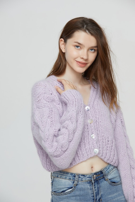 Hand Knit Mohair Cable Knit Cardigan - Misty Lilac Cropped Sweater