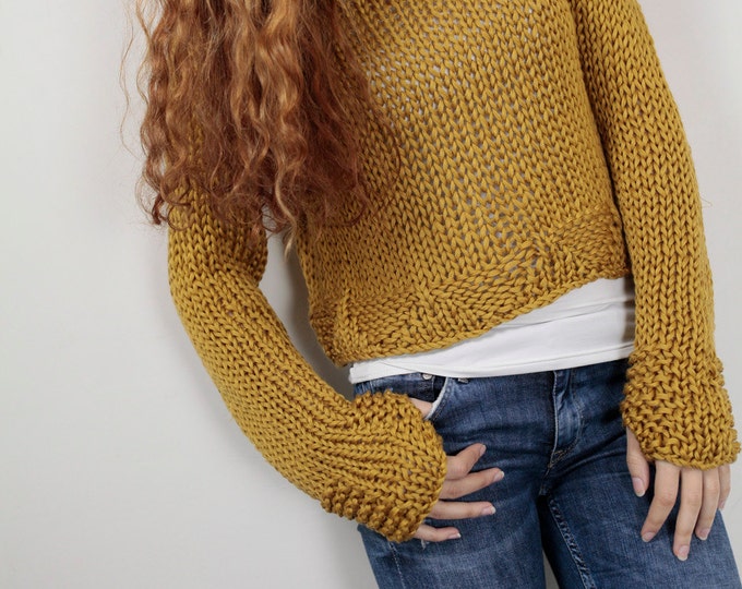 Hand Knit Woman Cotton Sweater Cropped Top Pullover Sweater Mustard - Etsy