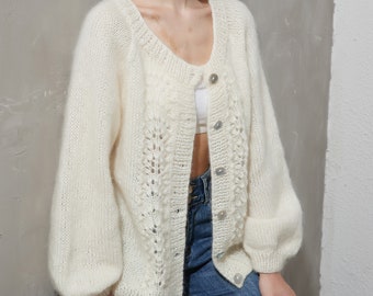 Hand knit woman sweater Mohair knit short cardigan button front cardigan white cream