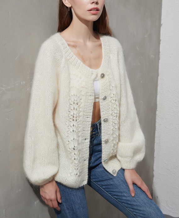 Hand Knit Mohair Cardigan: Button Front Cable Knit Sweater - Etsy