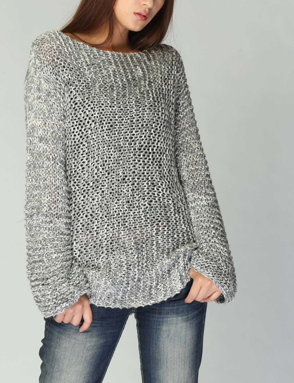 Hand Knit Woman Sweater Eco Cotton Long Sweater Light Grey - Etsy Canada
