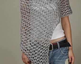Hand Knit Cotton Poncho Scarf: Grey Knit Shrug