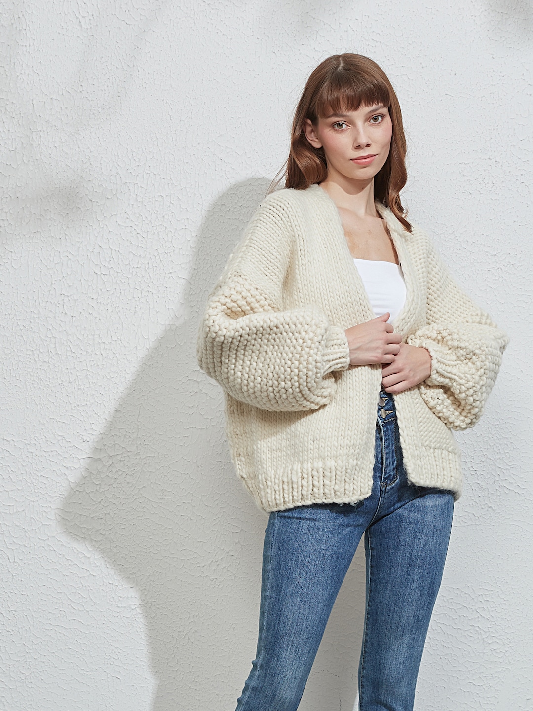 【CTHY】HIGH-END OVERSIZE KNIT（Size2） Hand Knit Oversize Woman Sweater Chunky Cream Wool Knit Cardigan