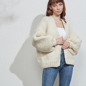 Hand knit oversize woman sweater chunky Cream wool knit cardigan image 1