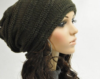 Hand Knit hat woman hat man hat Black Wool Hat Slouchy hat