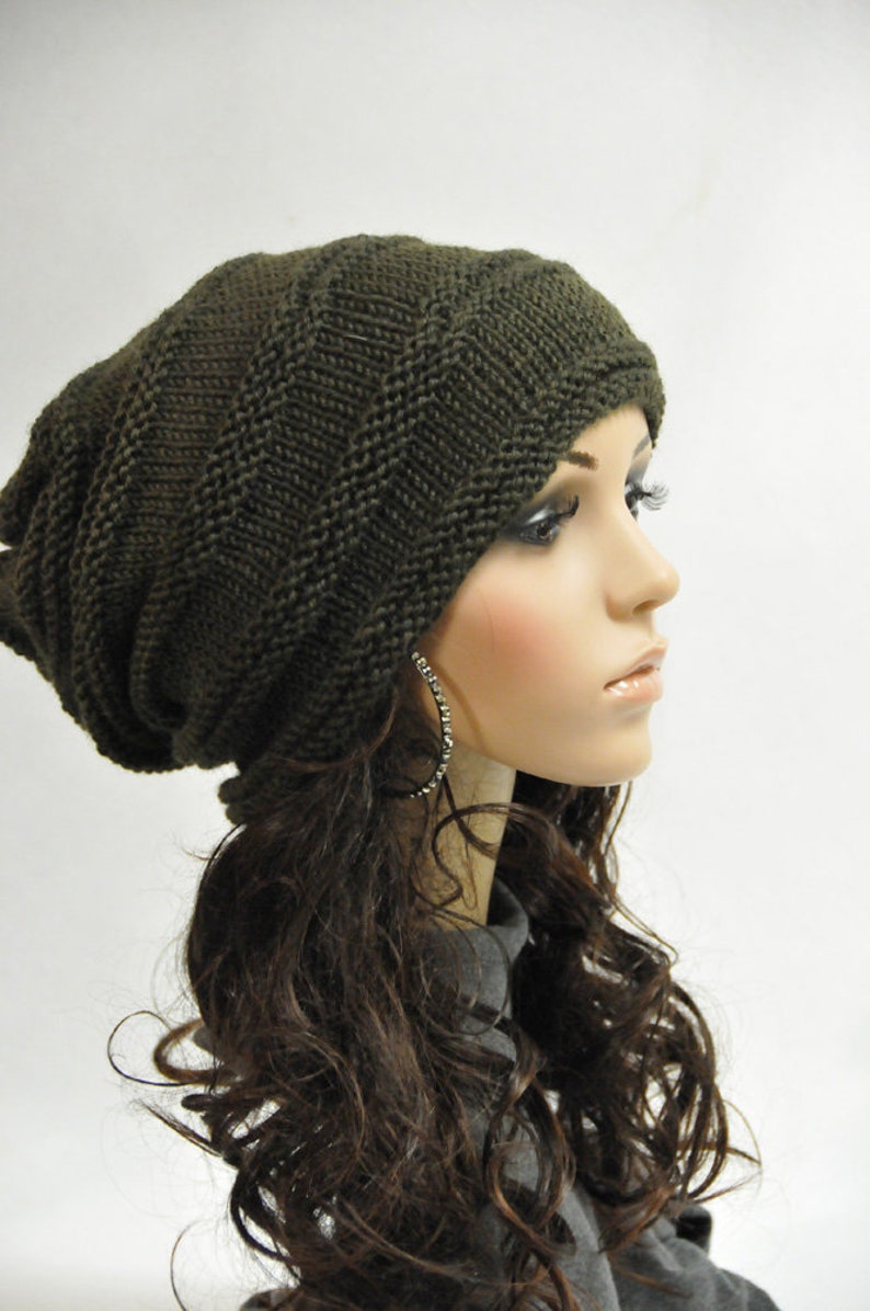 Hand Knit hat woman hat man hat Black Wool Hat Slouchy hat olive