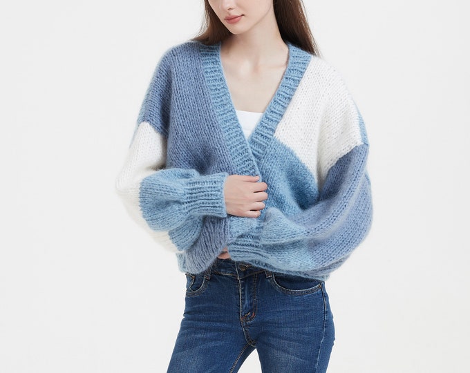 Hand knit woman sweater mohair cardigan color block sweater top