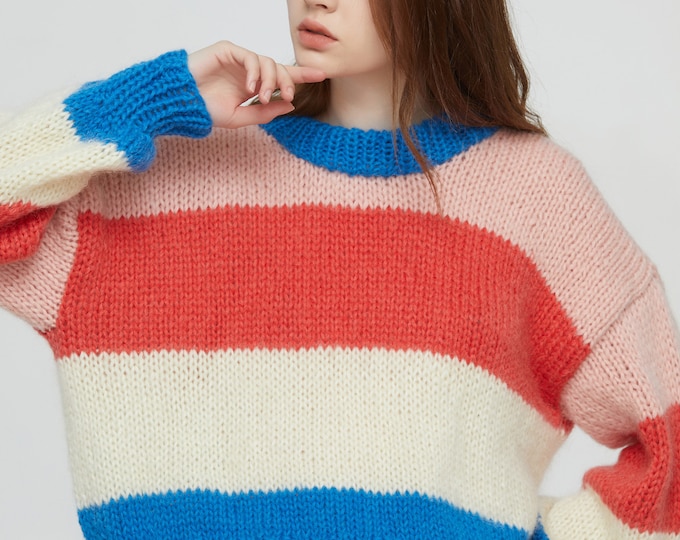 Hand knit woman sweater mohair Jumper knit striped crewneck sweater top pullover pink/coral/white/blue
