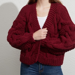 Hand knit oversize woman eco cotton sweater chunky slouchy wine cable knit short cardigan