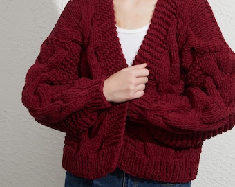 Hand knit oversize woman eco cotton sweater chunky slouchy wine cable knit short cardigan