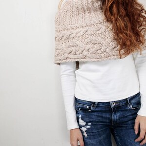Hand knit woman poncho charcoal capelet Chunky Neck Warmer/Cowl/Tube Scraf cable pattern Wheat