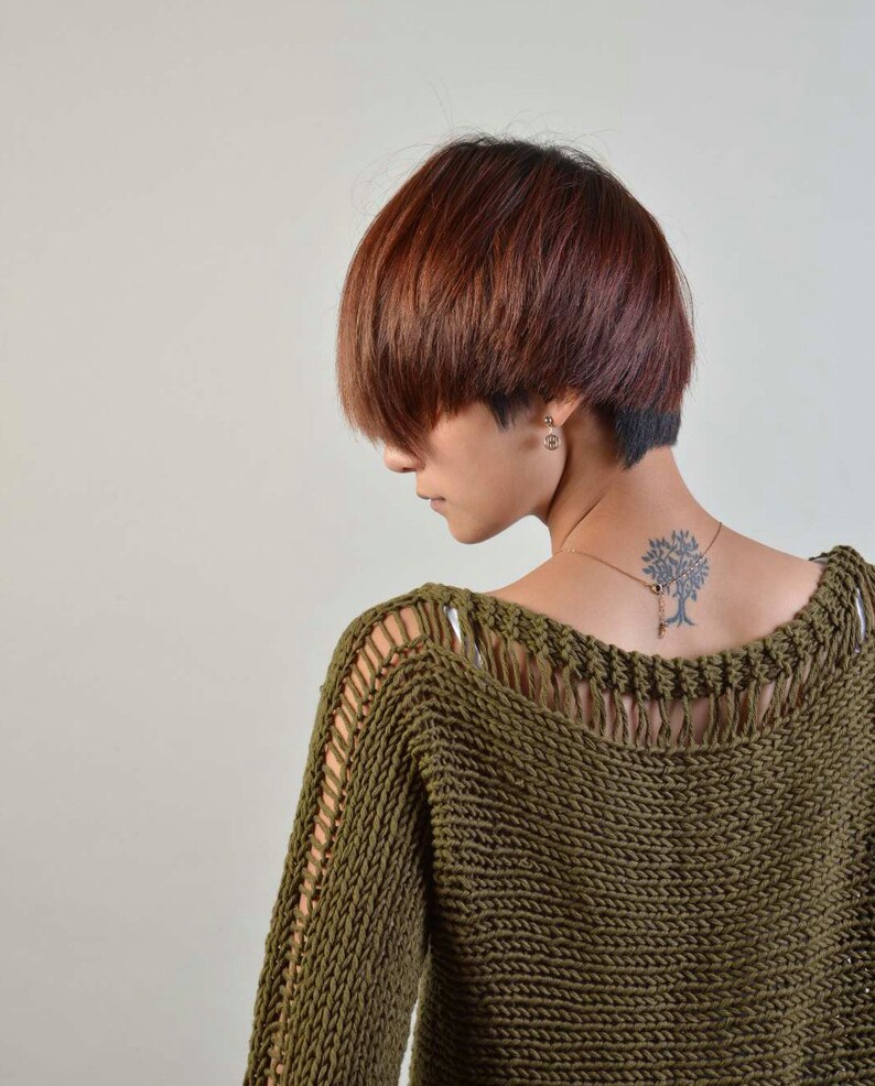 Hand Knit Woman Sweater Eco Cotton sweater in olive green image 4