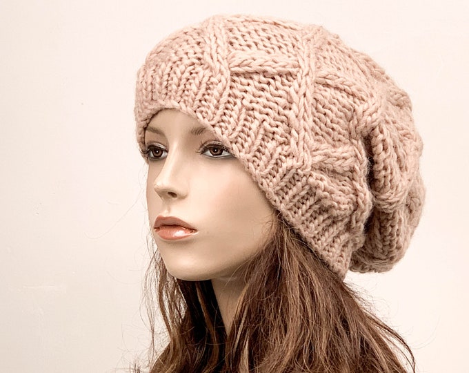 Hand Knit Hat woman oversize slouchy hat winter hat wool Beret Hat Peach Beanie hat