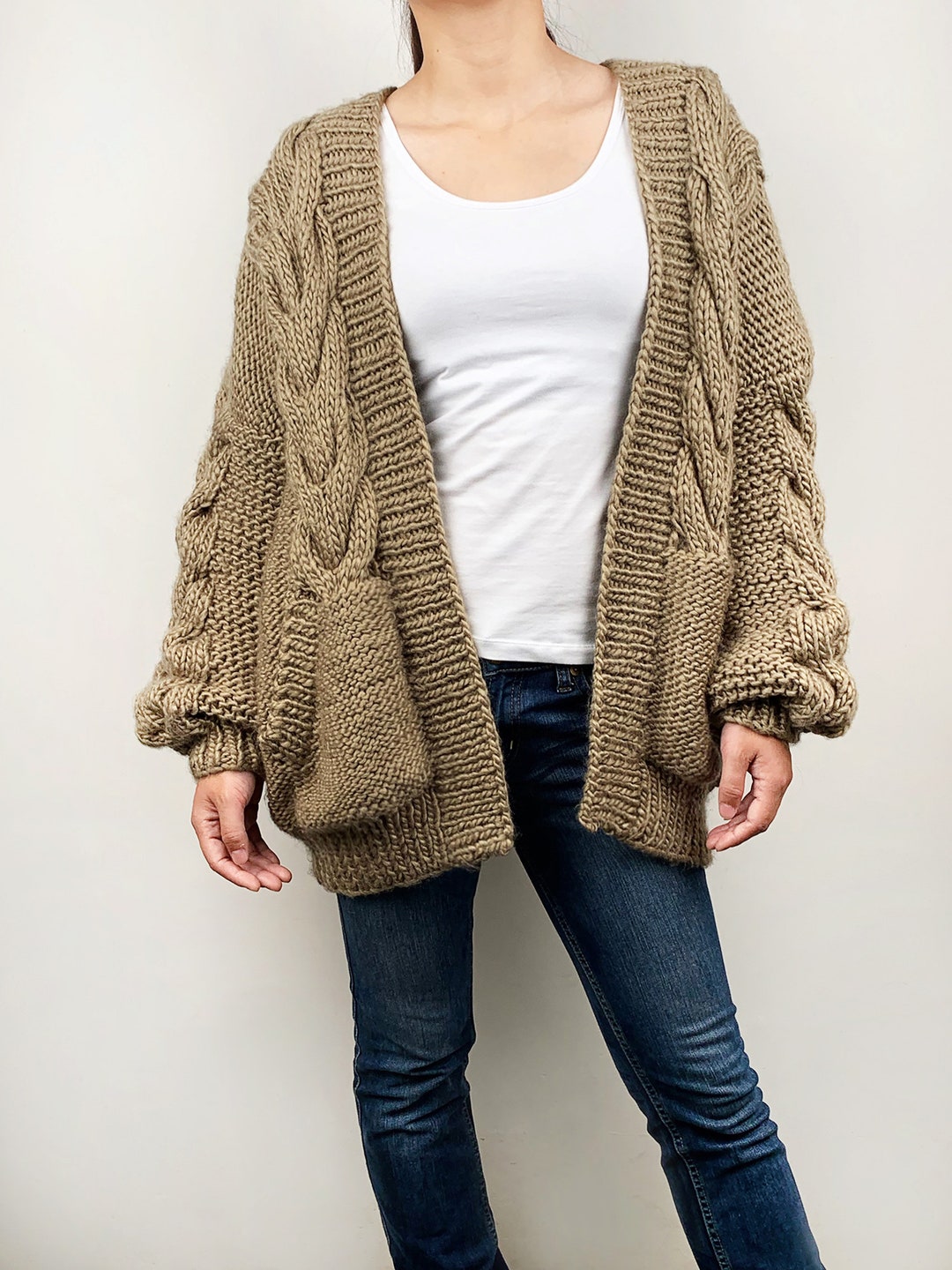 Buy Hand Knit Oversize Woman Sweater Chunky Slouchy Dark Khaki Wool Cable  Knit Cardigan Online in India