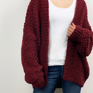 Hand knit oversize woman sweater chunky slouchy plum wool cardigan