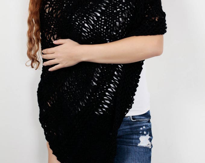 Hand knit little cotton poncho knit scarf knit shrug Black woman sweater
