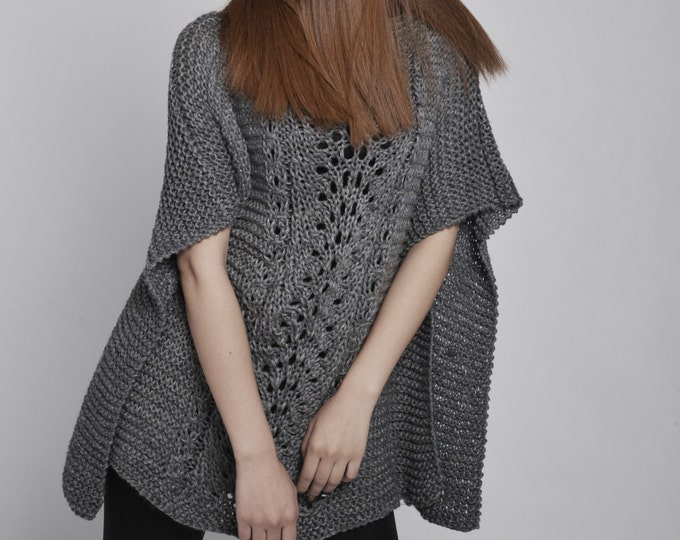Woman sweater - hand knitted Poncho/ capelet in Charcoal