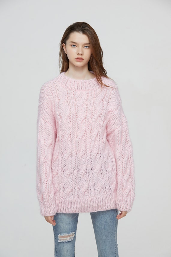 Hand Knit Oversize Woman Long Sweater Crewneck Slouchy Mohair Pullover Cable Knit Pink Etsy